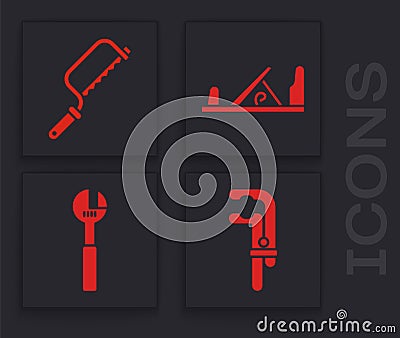 Set Clamp tool, Hacksaw, Wood plane tool and Adjustable wrench icon. Vector Vector Illustration