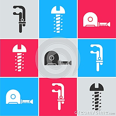 Set Clamp tool, Metallic screw and Roulette construction icon. Vector Vector Illustration