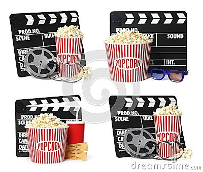 Set with clapperboards on white background. Cinema production Stock Photo
