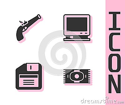 Set Classic carpet, Vintage pistol, Floppy disk and Retro tv icon. Vector Stock Photo