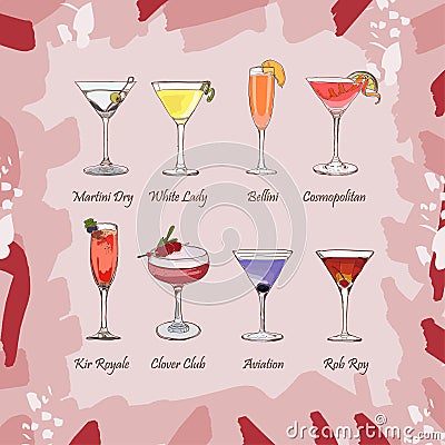 Set of classic cocktails on abstract pink background. Fresh bar alcoholic drinks menu. Vector sketch illustration collection. Hand Cartoon Illustration