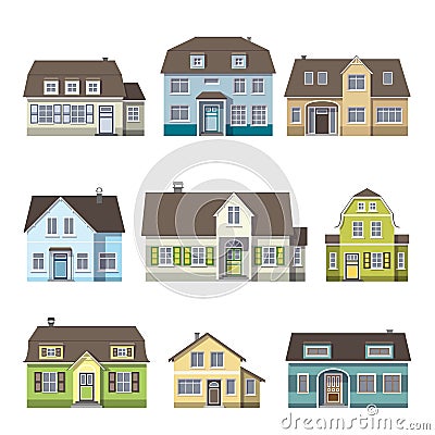 Set Of Classic Cottage House, Front View. Vector Illustration