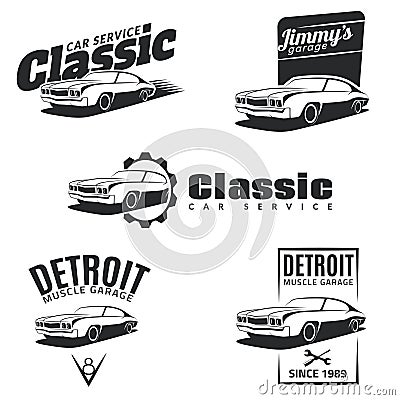 Set of classic muscle car emblems, badges and icons. Vector Illustration