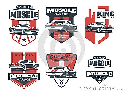 Set of classic muscle car logo, emblems, badges and icons. Vector Illustration