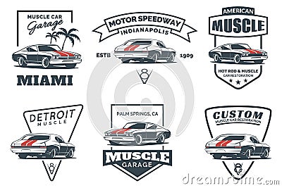 Set of classic muscle car logo, emblems, badges and icons. Vector Illustration