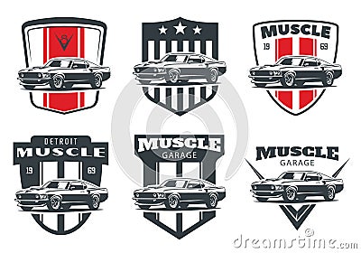 Set of classic muscle car logo, emblems and badges. Vector Illustration