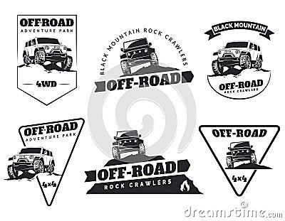 Set of classic off-road suv car emblems, badges and icons. Rock Vector Illustration