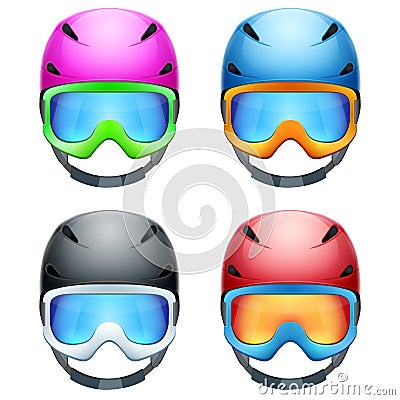 Set of Classic Ski helmets and snowboard goggles. Vector Illustration