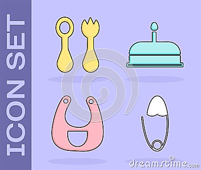 Set Classic steel safety pin, Baby cutlery with fork and spoon, Baby bib and Cake with burning candles icon. Vector Vector Illustration
