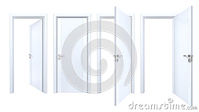 Set of classic style solid wood doors closed and open outside, inside of house room. Simple modern white wooden doorways for home Stock Photo