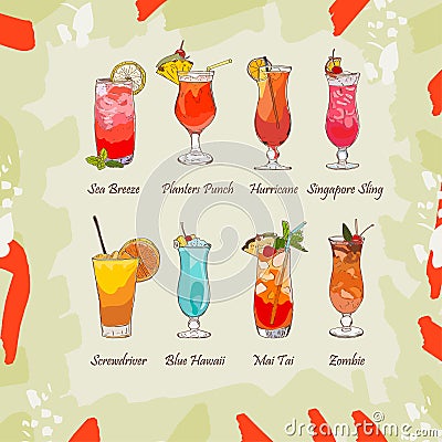 Set of classic tropical cocktails on abstract background. Fresh bar alcoholic drinks menu. Vector sketch illustration collection. Cartoon Illustration