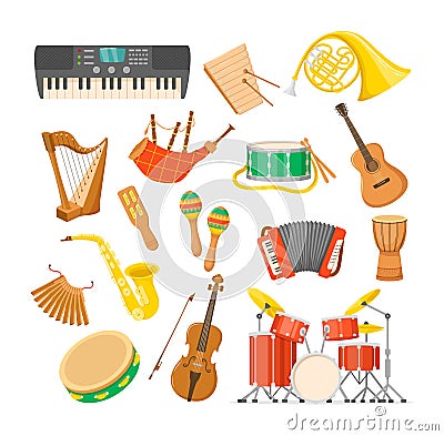 Set classical musical metal wood acoustic instruments Vector Illustration