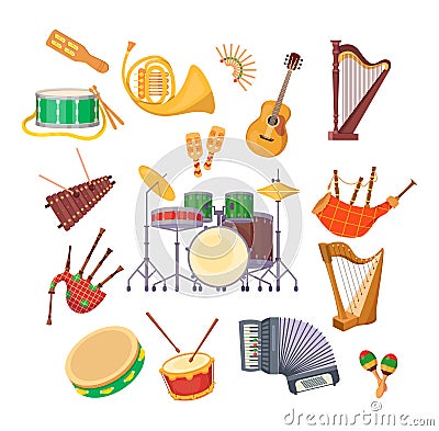 Set classical musical metal wood acoustic instruments Vector Illustration