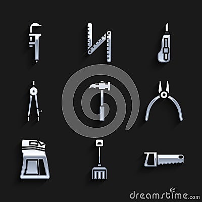 Set Claw hammer, Snow shovel, Hand saw, Pliers tool, Cement bag, Drawing compass, Stationery knife and Calliper or Stock Photo