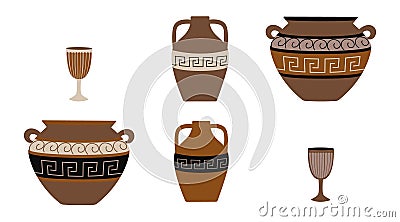 Set of clay ancient Greek dishes. Jugs, pots and glasses with meander patterns. Antiquity. Collection of Pottery. Vector Illustration