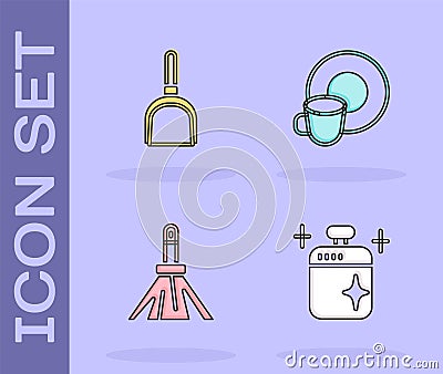 Set Clean cooking pot, Dustpan, Handle broom and Washing dishes icon. Vector Vector Illustration