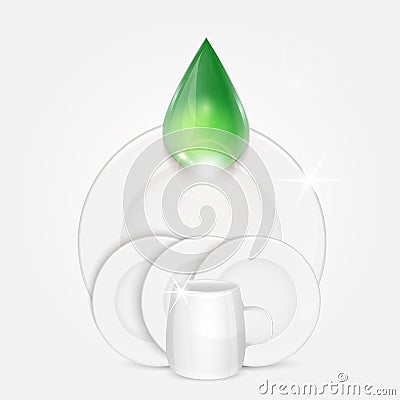 Set of clean dishes and green drop Vector Illustration