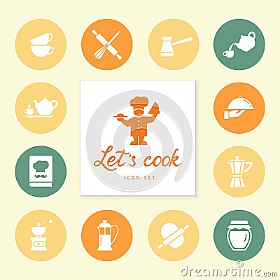 Set of clean line icons featuring various kitchen utensils and cooking related objects. Vector Illustration
