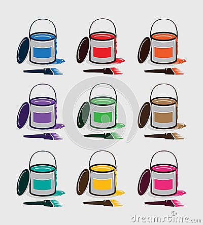 Set of clean paint buckets with various colors. Vector Illustration