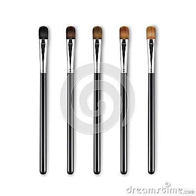 Set of Clean Professional Makeup Concealer Eye Shadow Brushes with Different Black Brown Bristle and Black Handles Vector Illustration