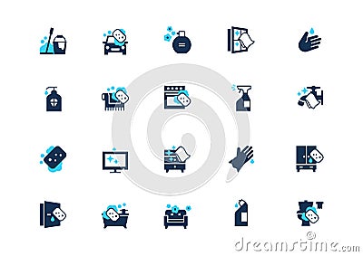 Set of cleaning icons with blue accent, isolated on light background Vector Illustration