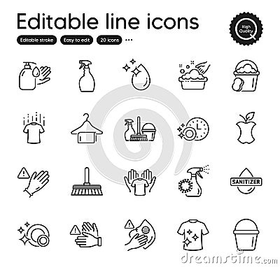 Set of Cleaning outline icons. Contains icons as Dishwasher timer, Dont touch and Water drop elements. Vector Stock Photo