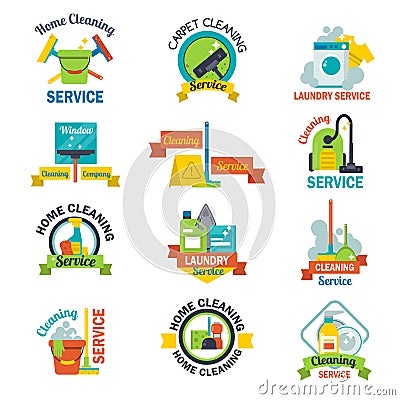 Set of cleaning service emblems labels design home household symbol work brush vector illustration. Vector Illustration