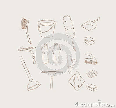 Set of cleaning supplies tools accessories beige Vector Illustration