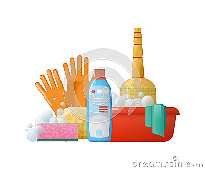 Set accessories for cleaning: buckets, tools, brushes, basins, gloves, sponges. Vector Illustration