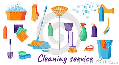 Set of cleaning supplies tools accessories: buckets, tools, brushes, mops, gloves, sponges. Vector Illustration