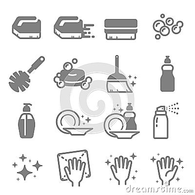 Set of Cleaning Vector Line Icons. Brush, Spray, Bubbles, Clean Surface, Soap and more. Vector Illustration