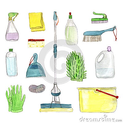 Set of cleanings tools on white background. Cartoon Illustration
