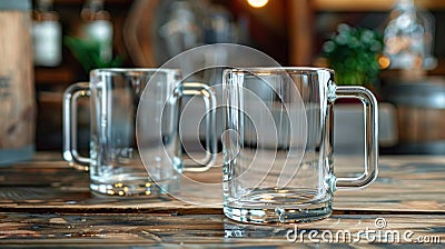 A set of clear glass mugs with customizable designs ideal for showcasing your companys unique style Stock Photo