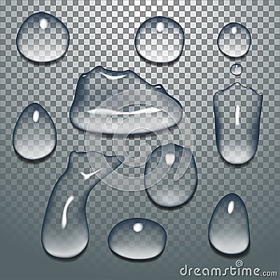 Set of clear water drops, realistic and pure, contrast and oily, isolated vector illustration Vector Illustration