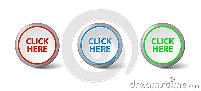 Set CLICK HERE push color buttons icon for internet website with drop shadow. Vector Illustration