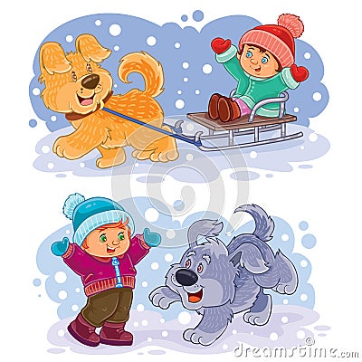 Set clip art illustration small children play with their dogs Cartoon Illustration