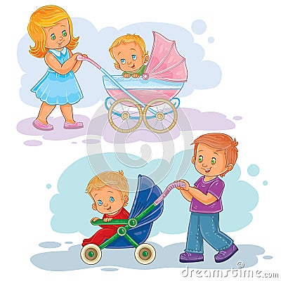 Set clip art illustrations older brother and sister wheeled baby carriage, stroller Vector Illustration