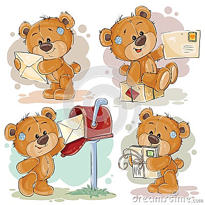 Set clip art illustrations of teddy bear gets and sends letters Cartoon Illustration