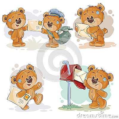 Set clip art illustrations of teddy bear gets and sends letters Vector Illustration