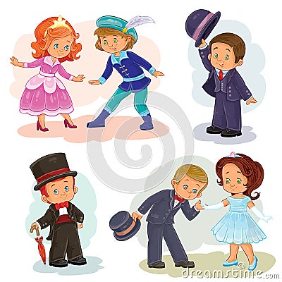 Set clip art illustrations with young children in historical costumes Vector Illustration