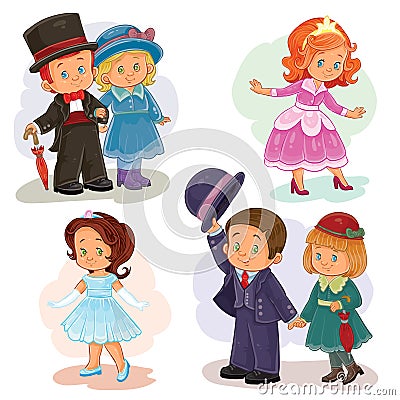 Set clip art illustrations with young children in historical costumes Vector Illustration