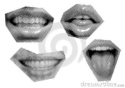 Set clip art Mouth and lips, smile, tongue, dots Punk y2k black and white collage elements Stock Photo
