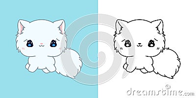 Set Clipart Persian Kitten Coloring Page and Colored Illustration. Kawaii Isolated Kitty. Vector Illustration