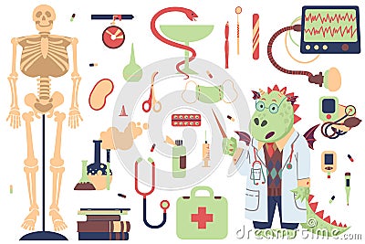 A set of clipart on the topic of medicene and science. Doctor Dragon and attributes for medicene. Vector. Vector Illustration