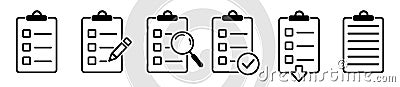 Set clipboard icons. Document with approval check icon, quality sign. Checklist with pencil, magnifier, checkmark and arrow Vector Illustration
