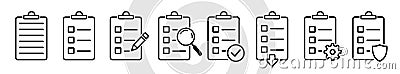 Set clipboard icons. Document with approval check icon, quality sign. Checklist with pencil, magnifier, checkmark, gear, shield Vector Illustration