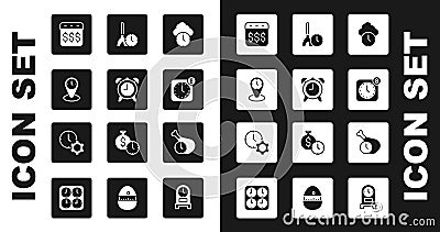 Set Clock, Alarm clock, Time zone clocks, Payday, calendar with dollar, app mobile, Cleaning time, Food and management Vector Illustration
