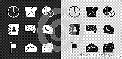Set Clock, Envelope, Earth globe with mail, Location marker, Address book and icon. Vector Vector Illustration