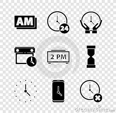 Set Clock AM, 24 hours, Alarm clock app mobile, delete, Calendar and and Digital alarm icon. Vector Vector Illustration