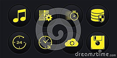 Set Clock 24 hours, Database protection, , Cloud sync refresh, Stopwatch and Server setting icon. Vector Vector Illustration